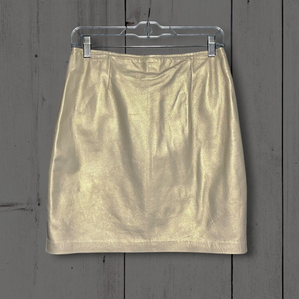 EUC Vintage Cache Leather Metallic High Waisted Mini Skirt Womens M Gold